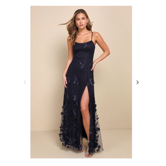 knee length dresses for ladies Dark Navy One Shoulder Satin Floral Applique Gown